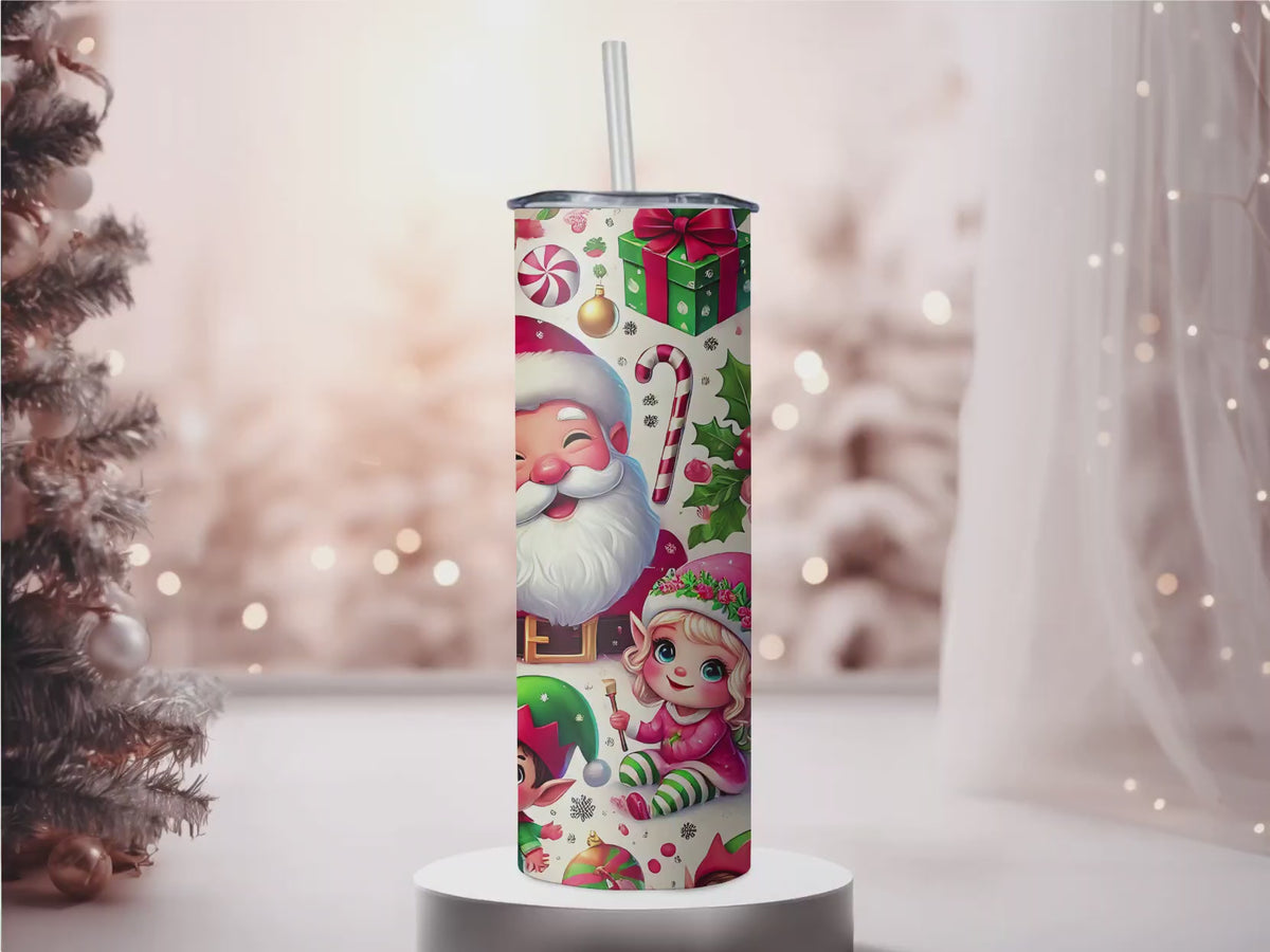 Cute Santa and Elves Christmas 20oz Skinny Tumbler - Festive Holiday Sublimation Travel Mug