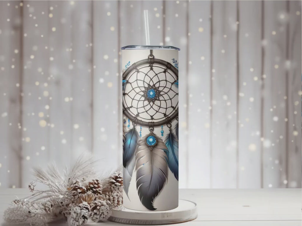 Dreamcatcher Sublimation 20oz Skinny Tumbler  Boho Blue Feather Travel Mug Gift for Her