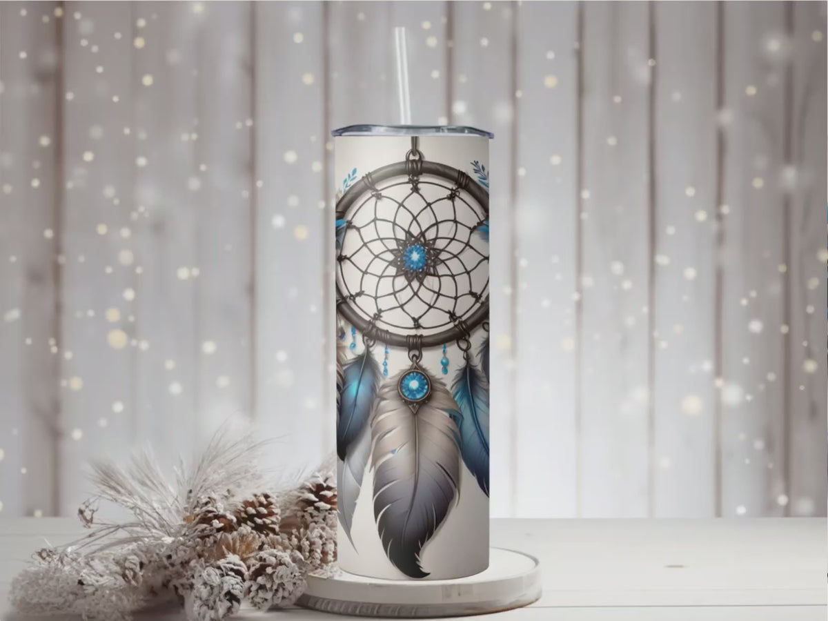 Dreamcatcher Sublimation 20oz Skinny Tumbler  Boho Blue Feather Travel Mug Gift for Her