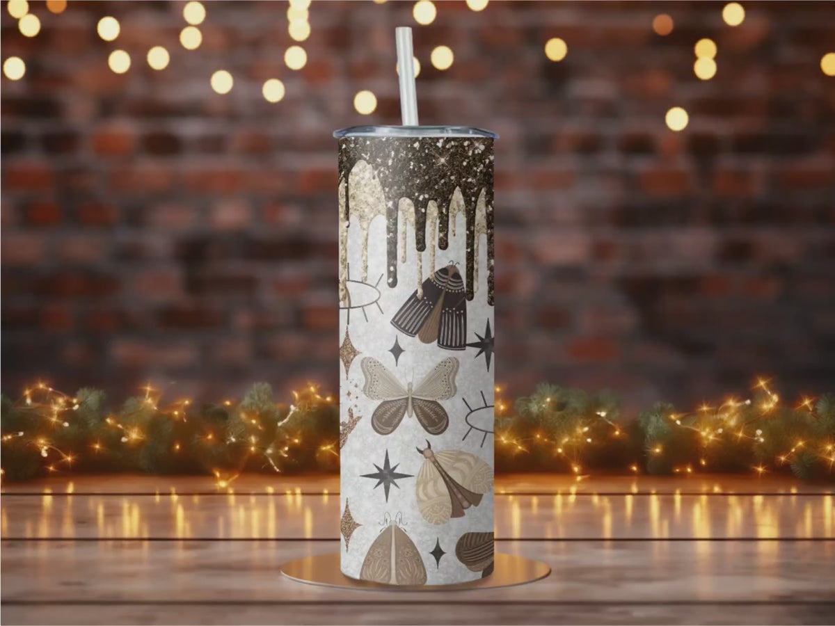 Cottagegoth Moth Travel Mug | Black Gold Glitter Drip, Dark Academia Gift (20oz)