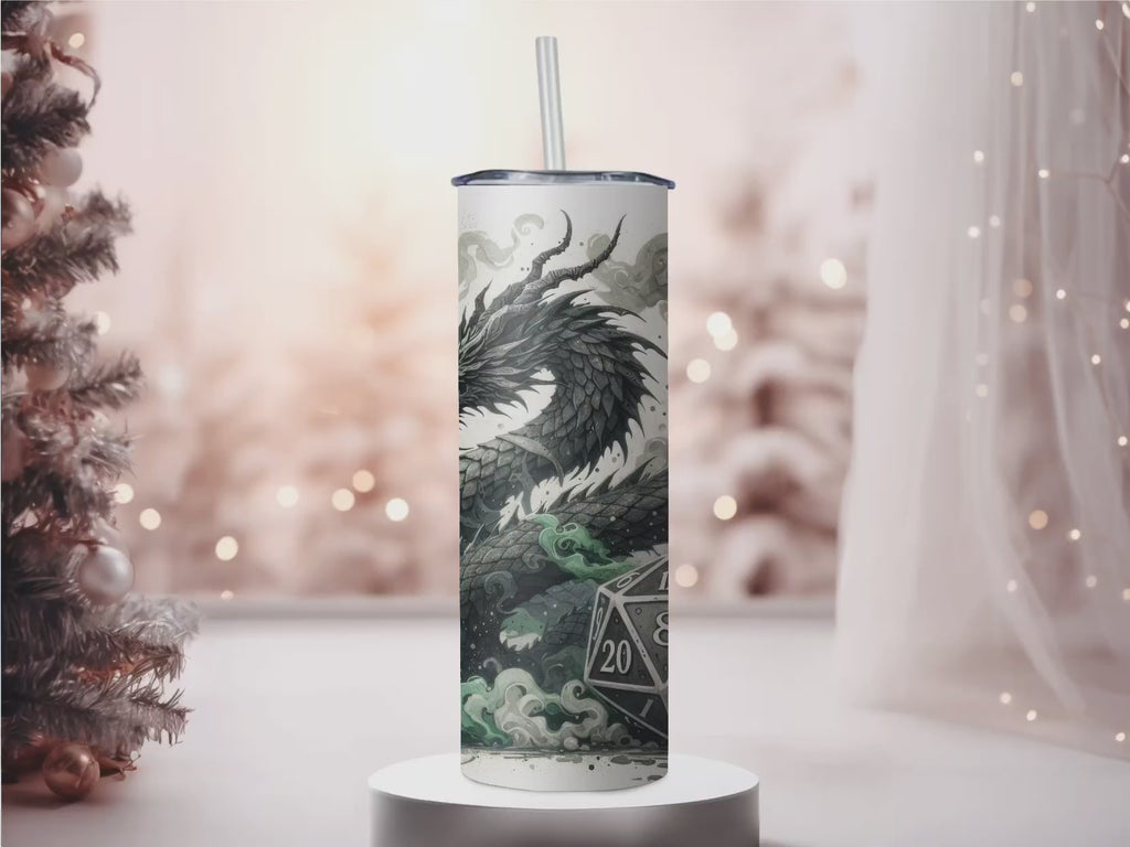 D20 Tabletop Gaming Dragon 20oz Skinny Tumbler, Gamer RPG Dice Insulated Stainless Steel Travel Mug