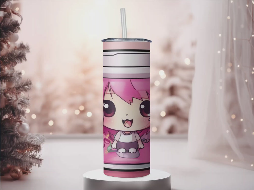 Cute Anime Girl Boba Cup 20oz Skinny Tumbler with Straw | Pink Kawaii Bubble Tea Mug