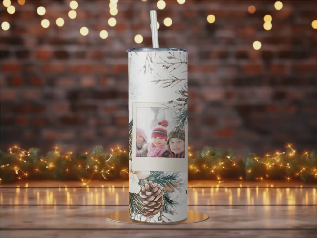 Personalized Polaroid Photo Tumbler | Winter Botanical Holiday Beverage Holder (20oz)