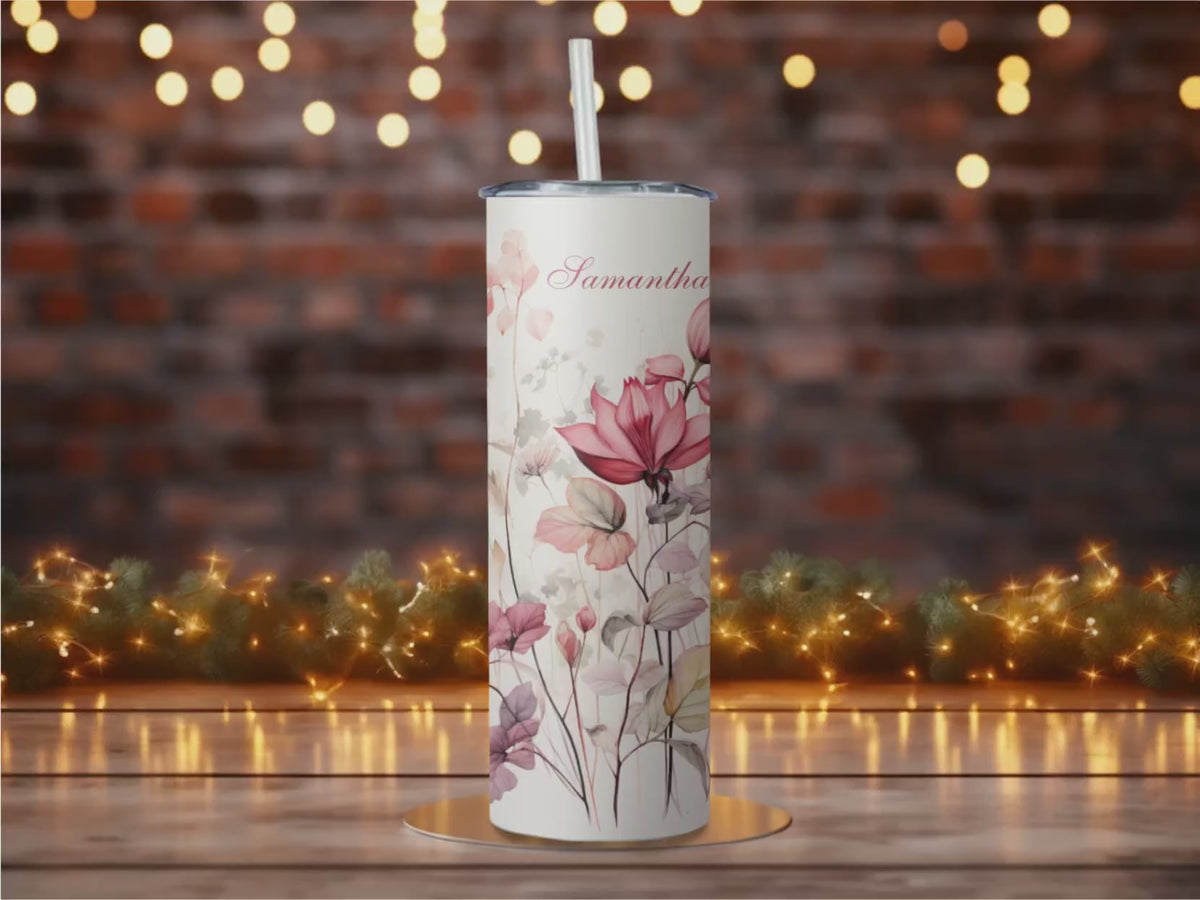 Personalized Wildflower Tumbler | Custom Name, 20oz Skinny Travel Mug (Dusty Pink Watercolor)