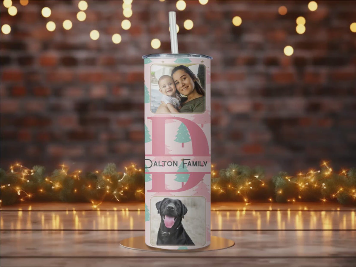 Personalized Family Photo Tumbler | 20oz Skinny Travel Mug with Split Monogram