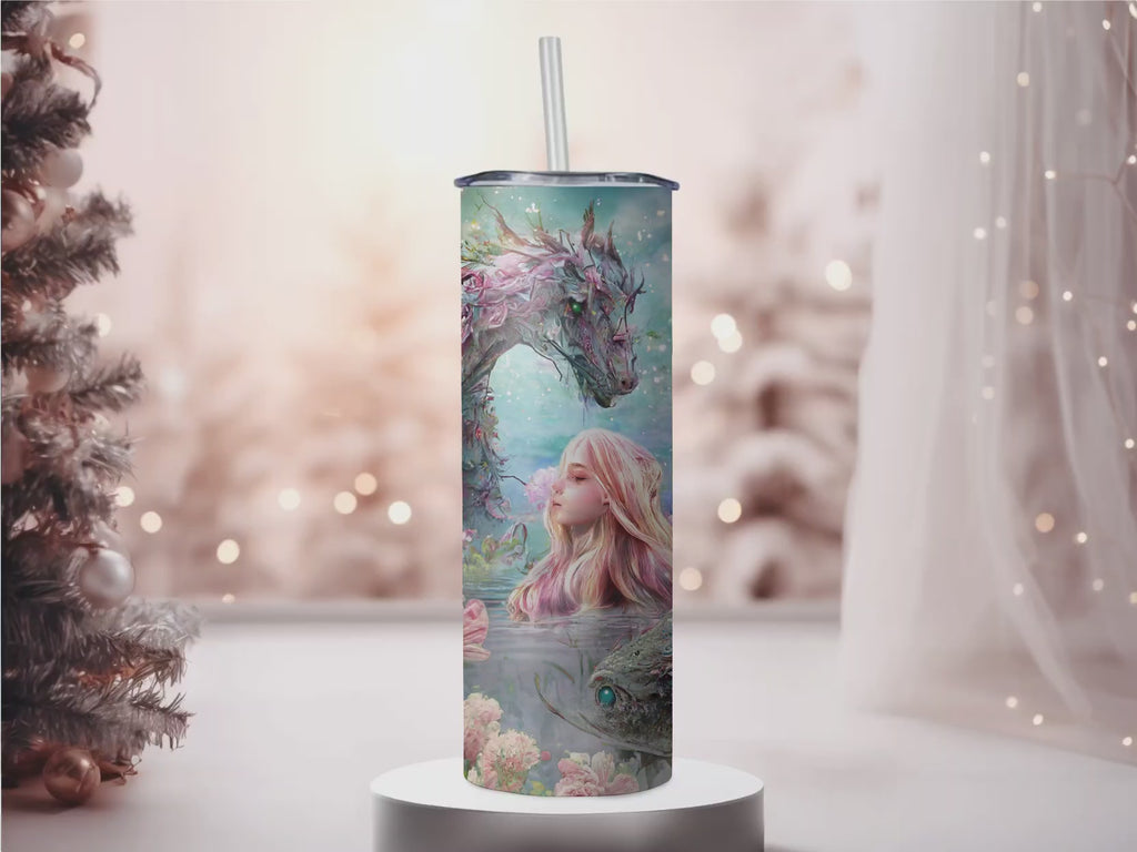Enchanted Pastel Dragon and Mermaid 20oz Skinny Tumbler, Magical Whimsical Fantasy Stainless Steel Travel Mug
