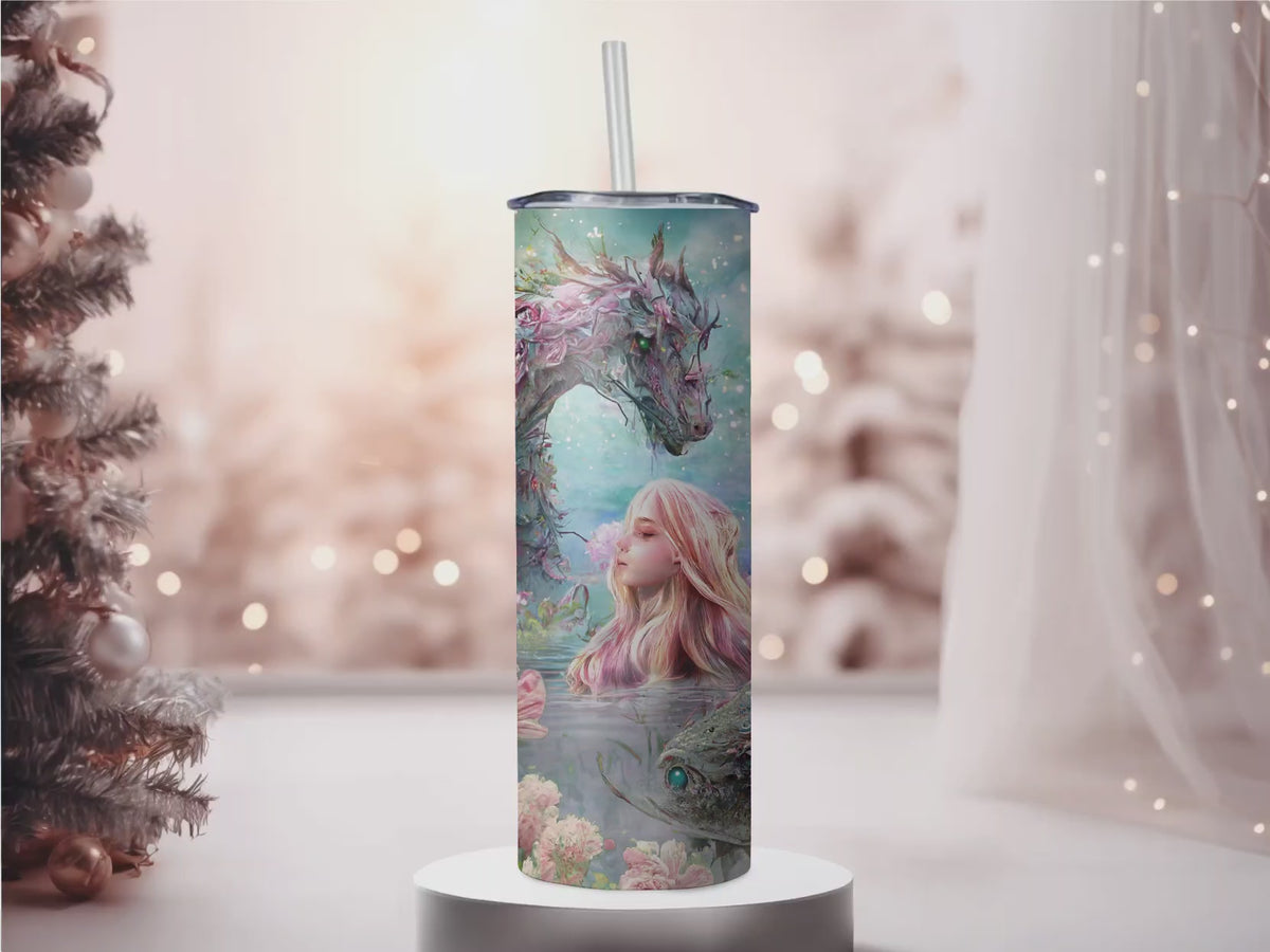 Enchanted Pastel Dragon and Mermaid 20oz Skinny Tumbler, Magical Whimsical Fantasy Stainless Steel Travel Mug
