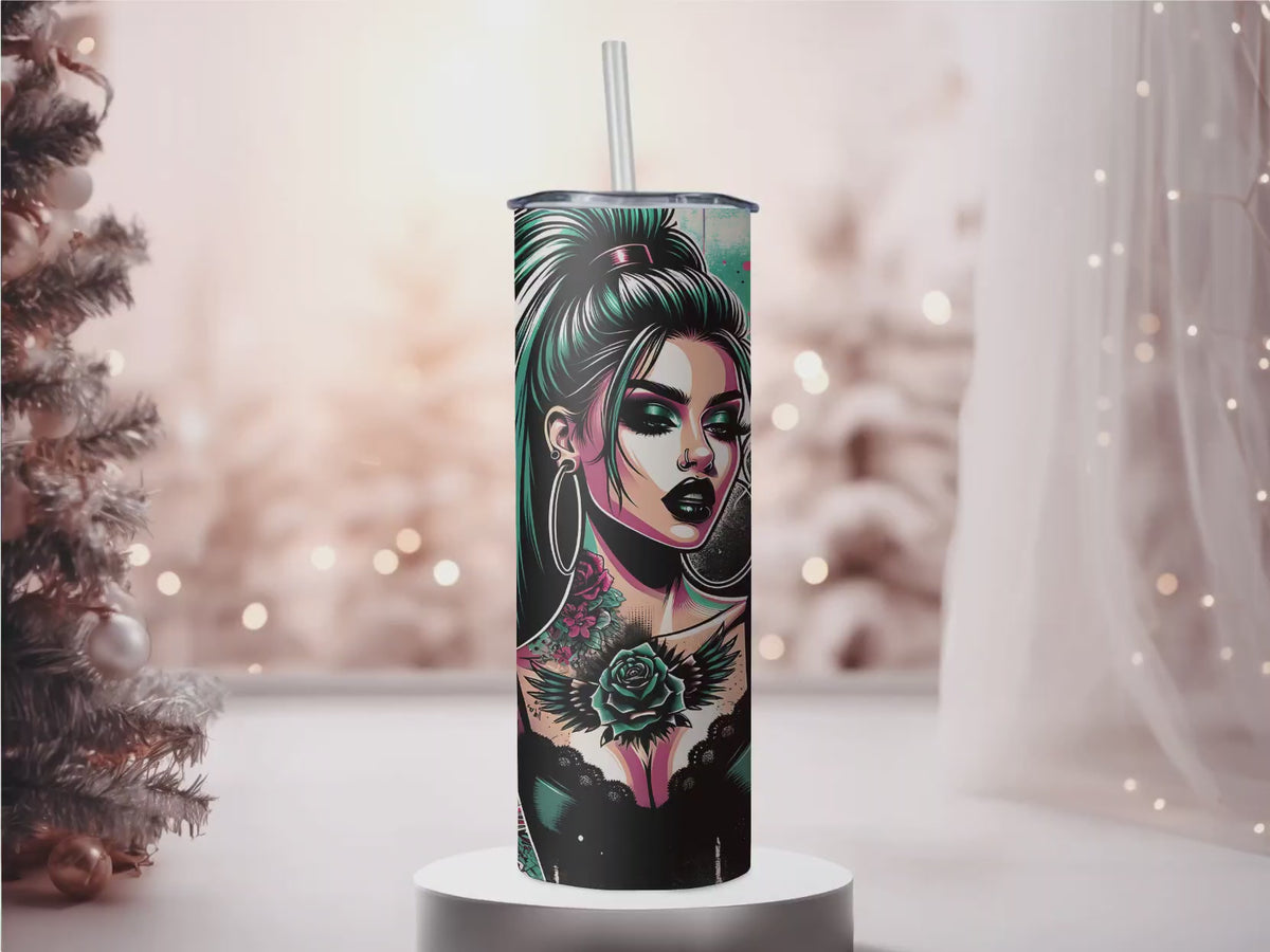 Badass Mode Goth Girl 20oz Skinny Tumbler, Edgy Tattoos and Roses Stainless Steel Travel Mug