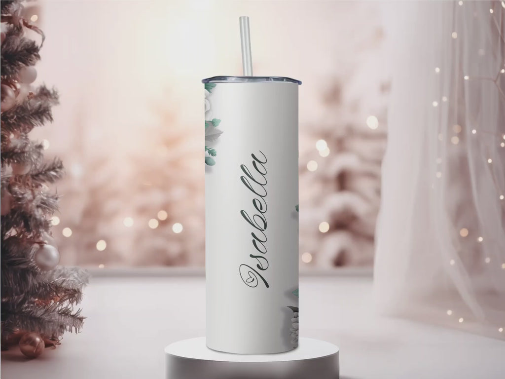 Personalized Sage Green Floral 20oz Skinny Tumbler, Custom Name Succulent and Flower Stainless Steel Travel Mug