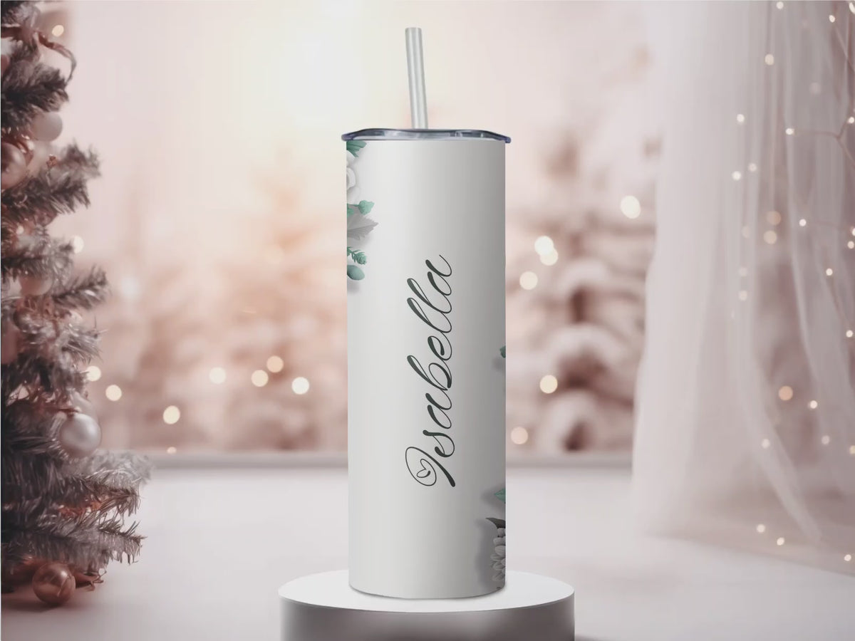 Personalized Sage Green Floral 20oz Skinny Tumbler, Custom Name Succulent and Flower Stainless Steel Travel Mug