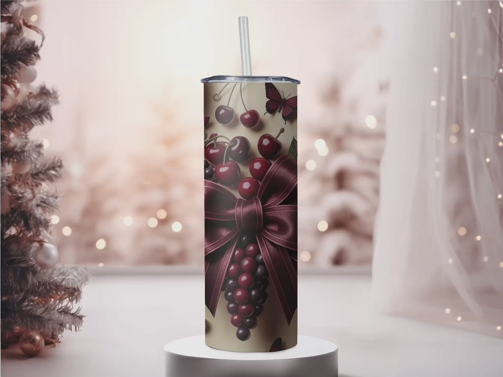 Burgundy Coquette Cherries & Bows 20oz Skinny Tumbler - Vintage Dark Floral Sublimation Travel Mug