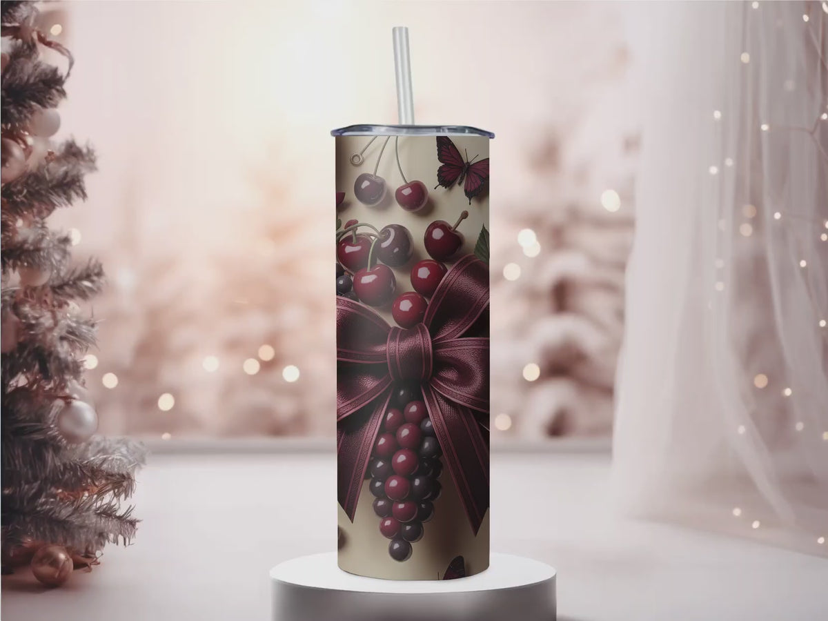 Burgundy Coquette Cherries & Bows 20oz Skinny Tumbler - Vintage Dark Floral Sublimation Travel Mug