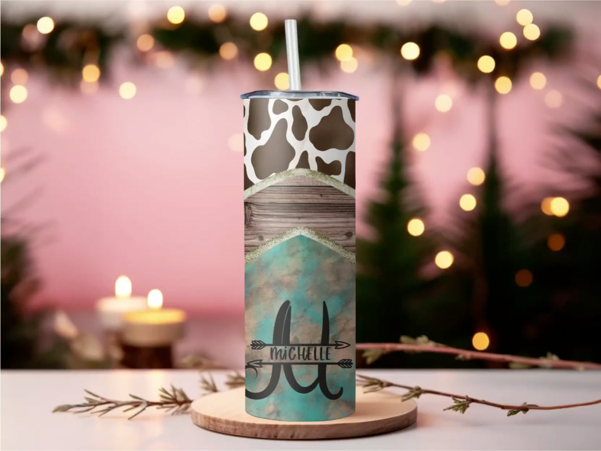 Personalized Western Cow Print 20oz Skinny Tumbler with Name