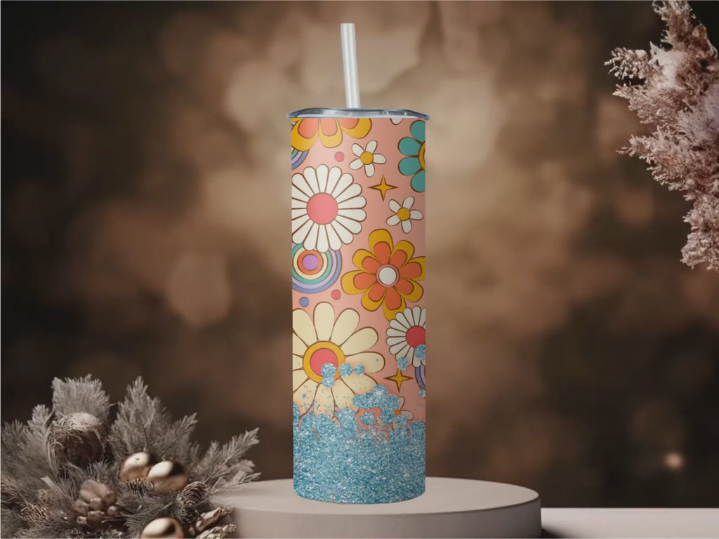 Retro 70s Daisy Flower Power Tumbler | Rainbow Swirls, Teal Glitter (20oz)