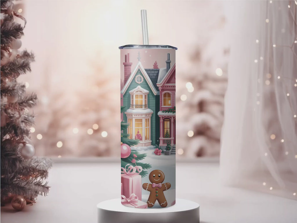 Pink Christmas Village & Gingerbread 20oz Skinny Tumbler