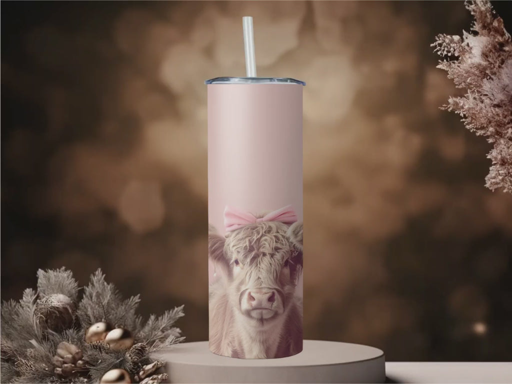 Coquette Highland Cow Skinny Tumbler | Pink Bow Baby Calf Travel Mug (20oz)