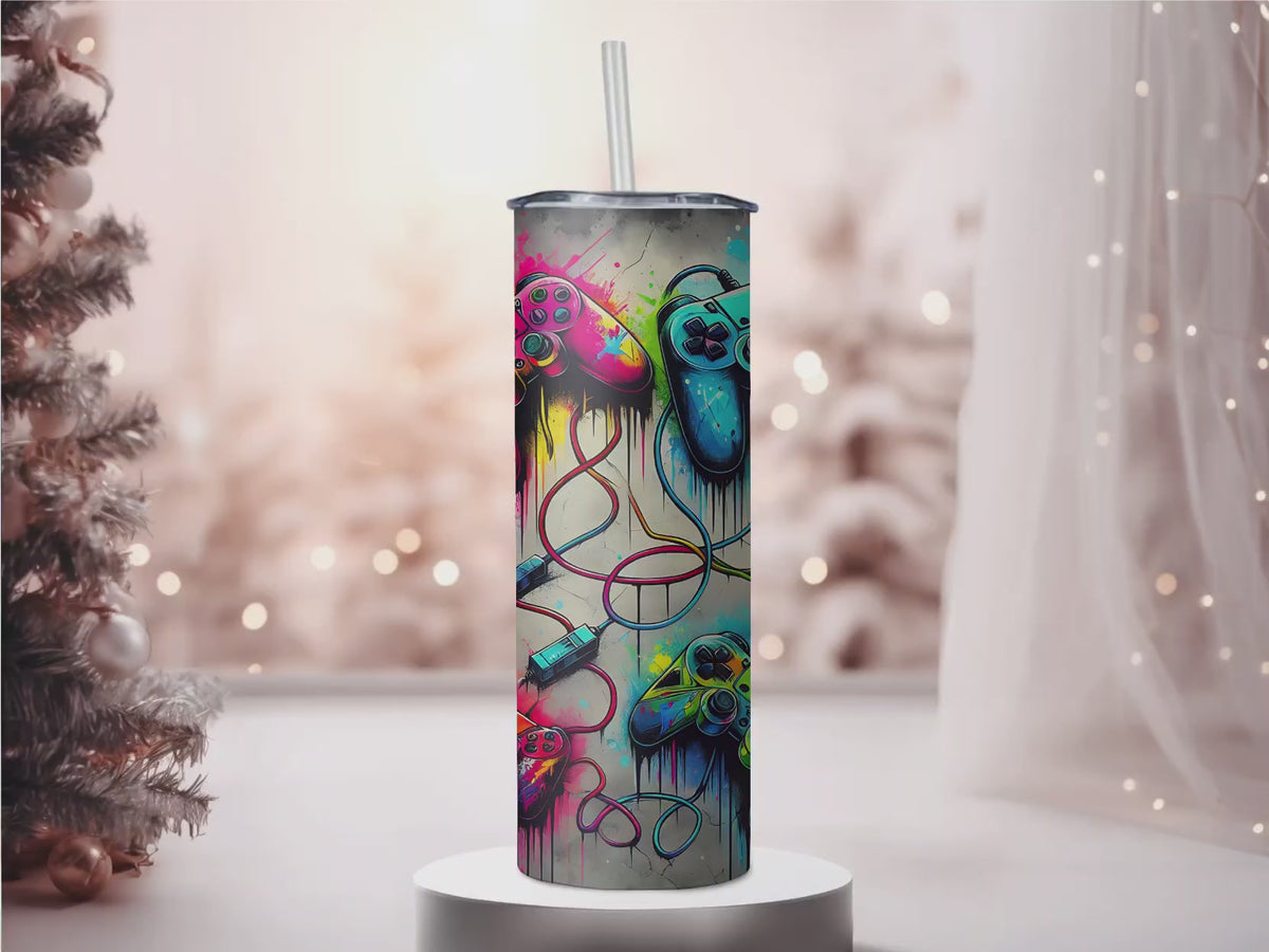 Retro Graffiti Gaming Controller 20oz Skinny Tumbler | Street Art Watercolor Gamer Cup with Straw