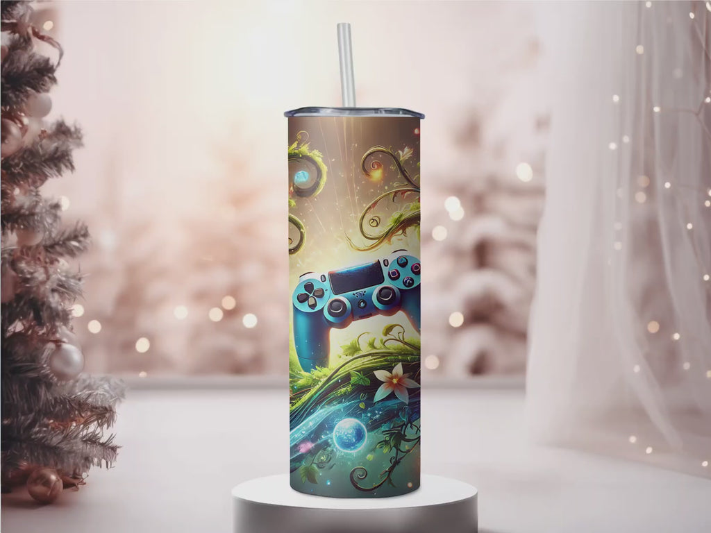 Fantasy Gaming Controller 20oz Skinny Tumbler | Mystic Floral Enchanted Gamer Cup with Straw