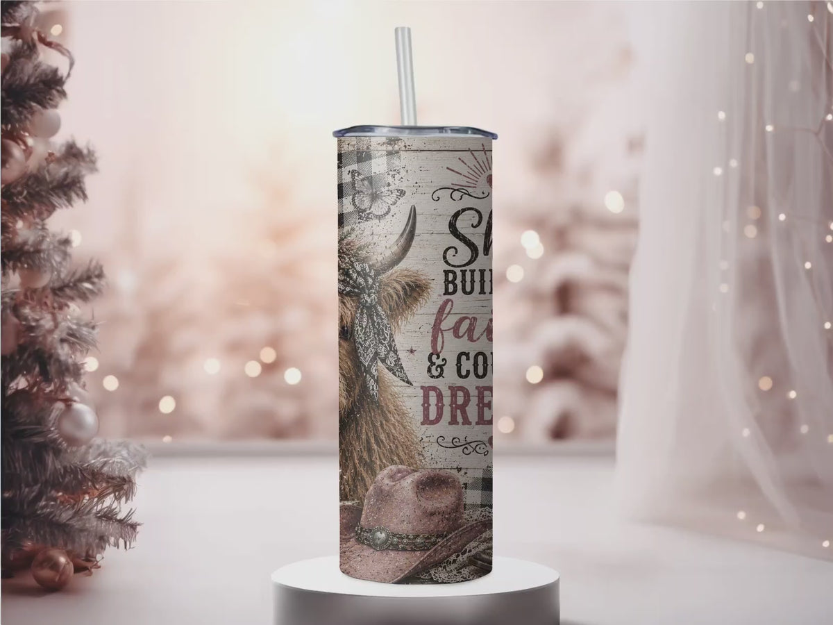 Highland Cow Country Dreams 20oz Skinny Tumbler - Faith and Country Sublimation Travel Mug
