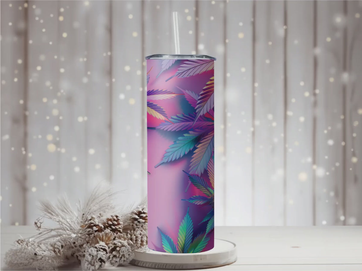 Vibrant Cannabis Leaf 20oz Skinny Tumbler | Ready to Ship Psychedelic Travel Mug | Pink Purple Stoner Insulated Stainless Steel Cup Gift