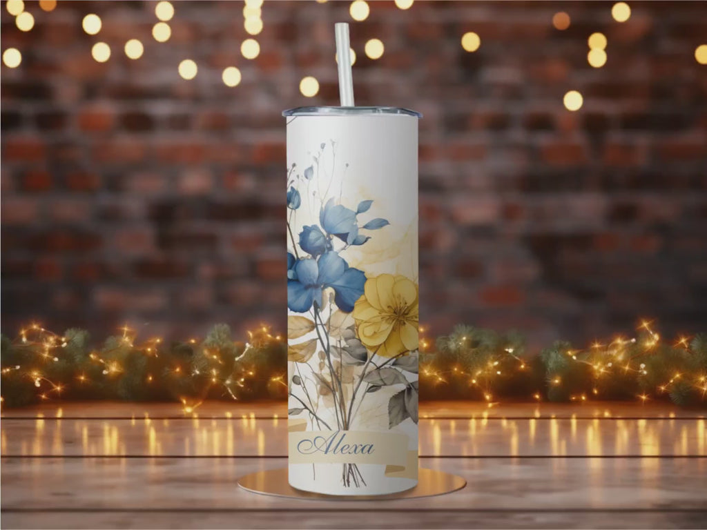 Personalized Bridesmaid Tumbler | Royal Blue Watercolor Flowers (20oz Skinny Mug)