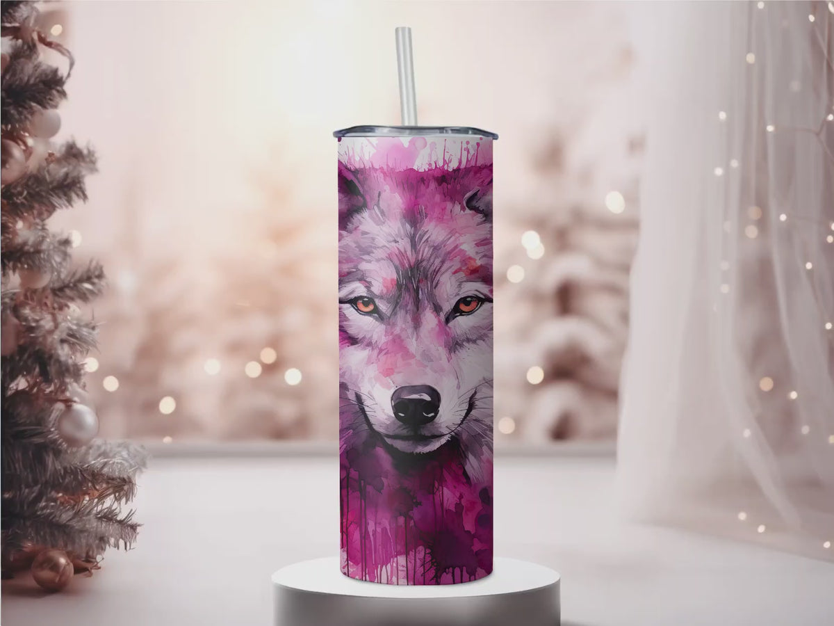 Watercolor Wolf 20oz Skinny Tumbler with Straw | Vibrant Pink Splash Wildlife Cup