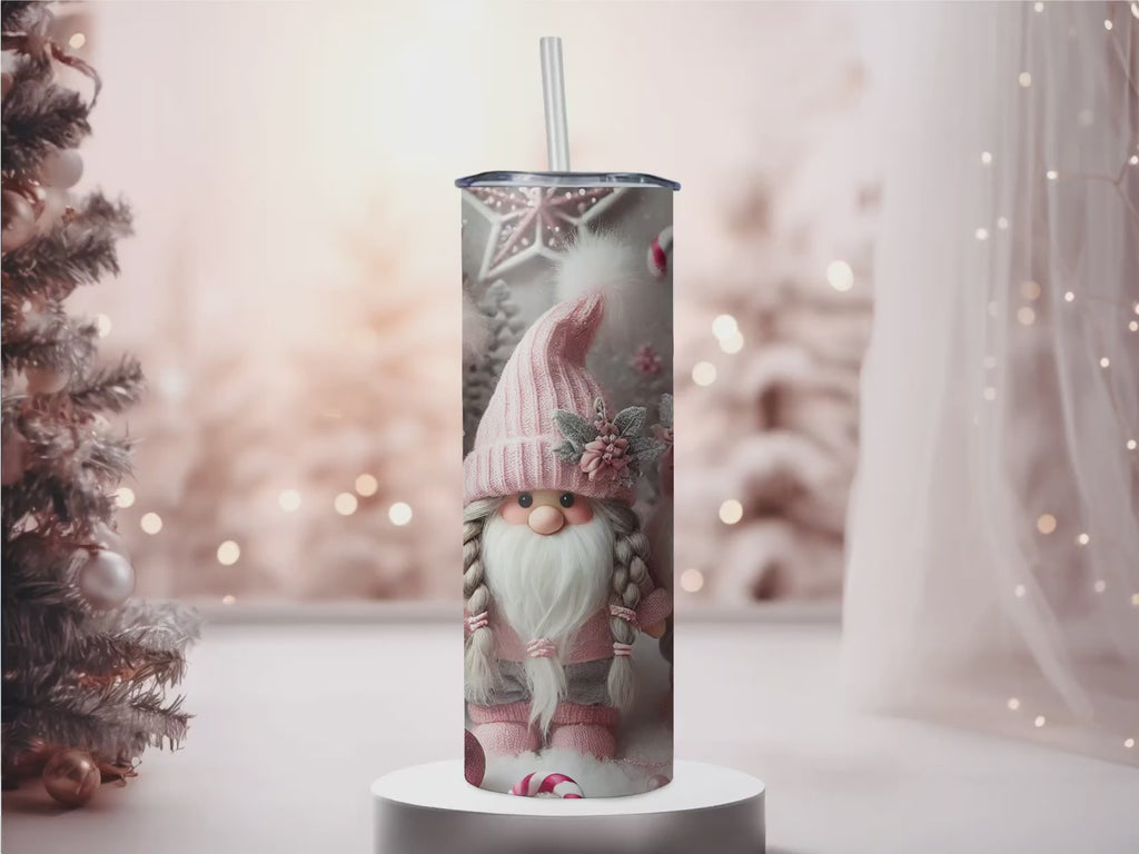 Pink Christmas Gnomes 20oz Skinny Tumbler - Cozy Winter Holiday Sublimation Travel Mug