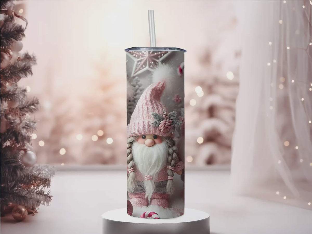 Pink Christmas Gnomes 20oz Skinny Tumbler - Cozy Winter Holiday Sublimation Travel Mug