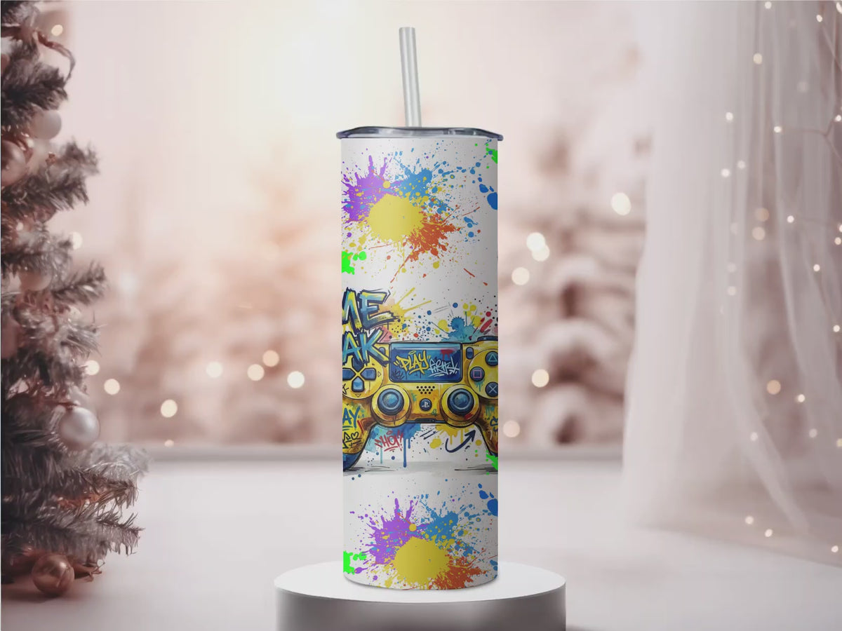 Personalized Gamer Controller 20oz Skinny Tumbler | Custom Name Splatter Paint Gaming Cup