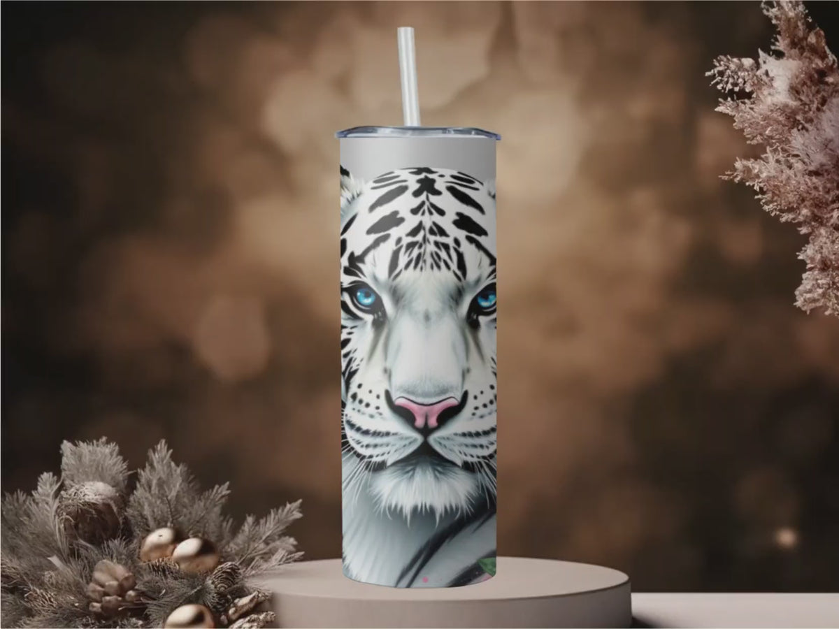 White Tiger Floral Skinny Tumbler | 20oz Travel Mug, Pink Hibiscus, Blue Eyes