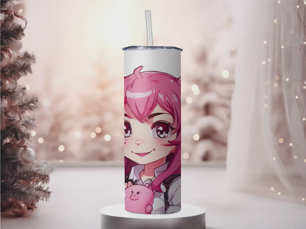 Cute Anime Cat Girl 20oz Skinny Tumbler with Straw | Pink Neko Chibi Cup