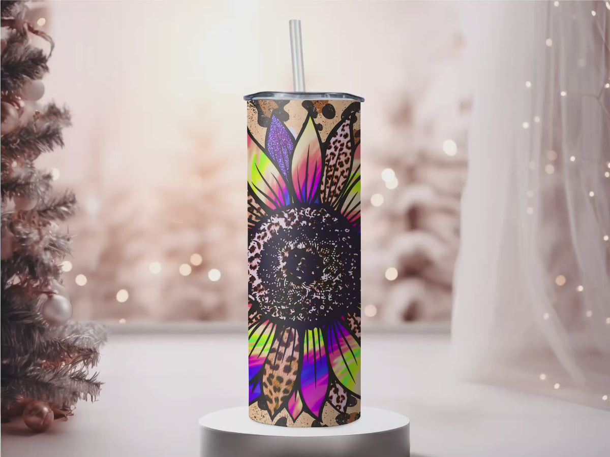 Rainbow Leopard Sunflower 20oz Skinny Tumbler - Glitter Tie Dye Sublimation Travel Mug