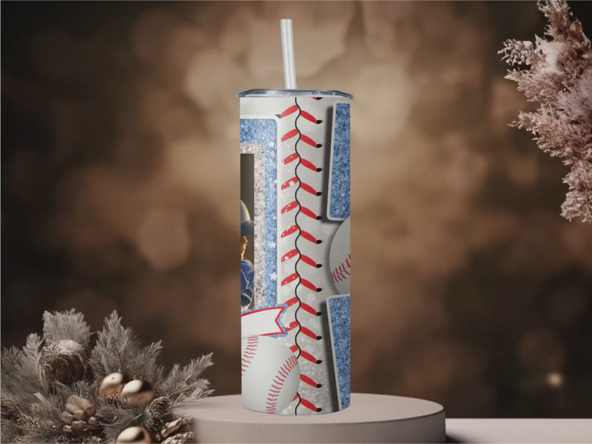 Personalized Baseball Mom Tumbler | Custom Player Photo, Glitter Name (20oz)