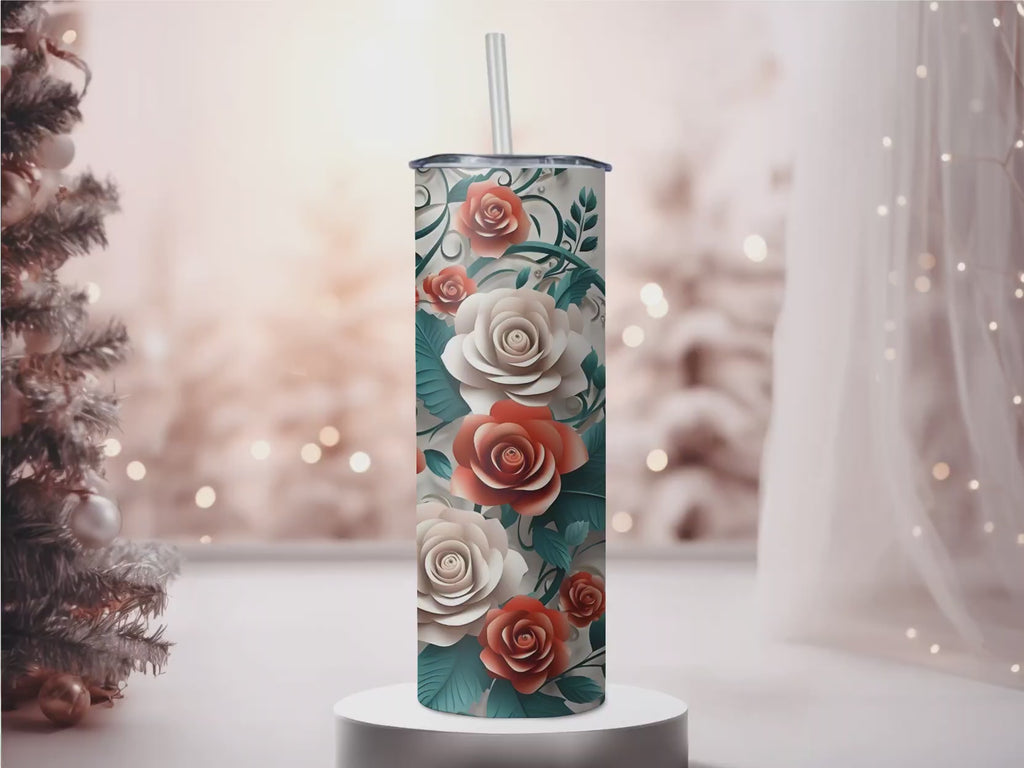 Personalized Terracotta and Teal Rose 20oz Skinny Tumbler, Custom Name Elegant Floral Stainless Steel Travel Mug