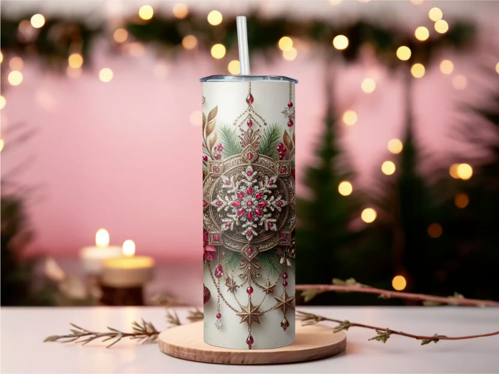 Luxury Jeweled Snowflake 20oz Skinny Tumbler Poinsettia Travel Mug