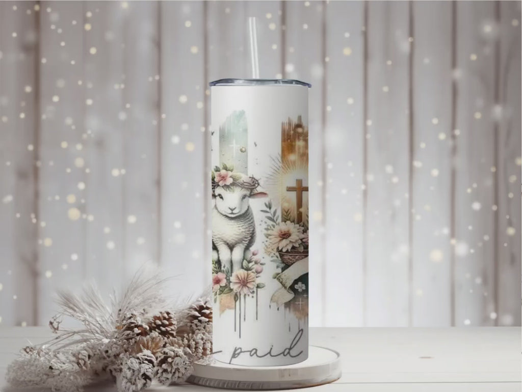 Jesus Paid It All 20oz Skinny Tumbler | Watercolor Cross, Lamb, Bible