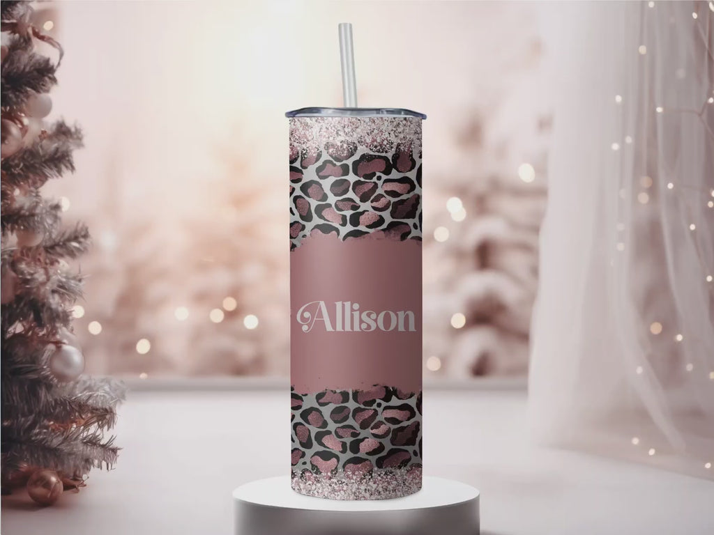 Rose Gold Cheetah Glitter Split Tumbler