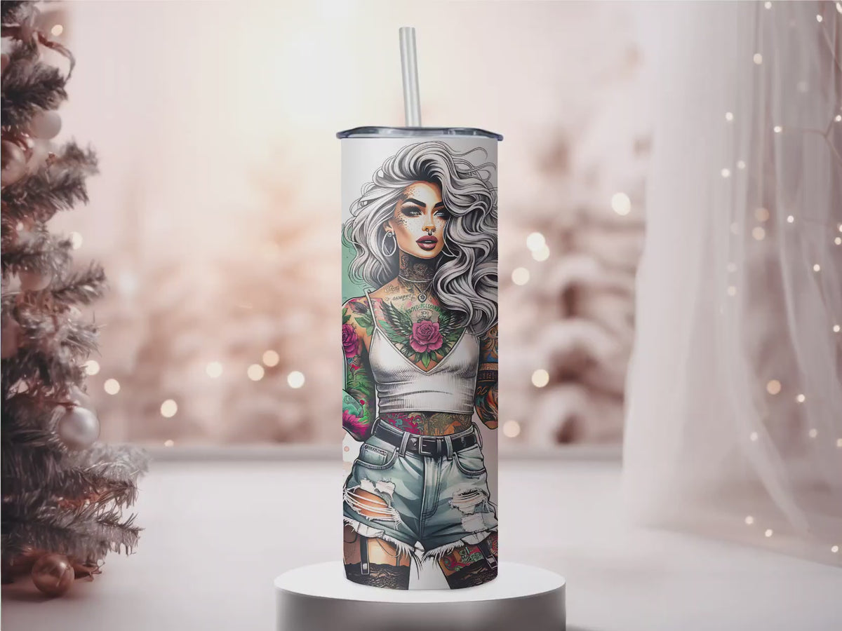 Coffee Mode Badass Mode 20oz Skinny Tumbler - Edgy Tattoo Girl Sublimation Travel Mug