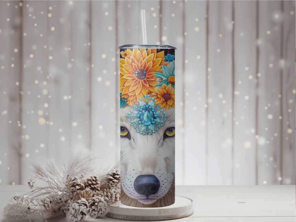 Arctic Wolf Sublimation Tumbler | Floral Design, 20oz Stainless Steel Insulated Cup