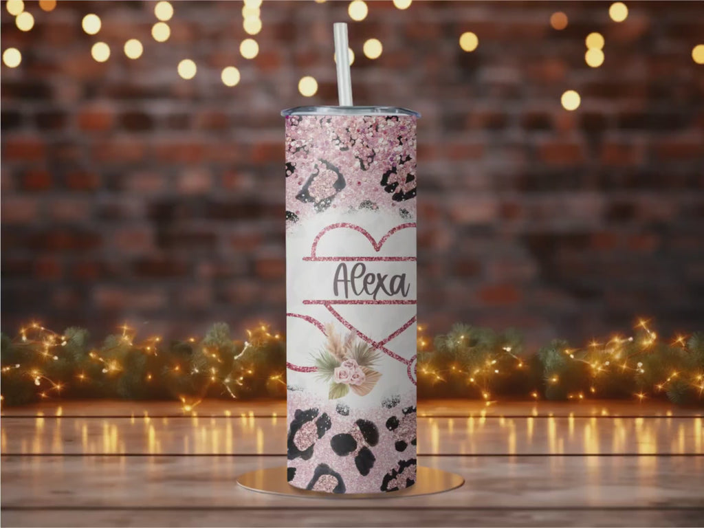 Personalized Nurse Tumbler | Pink Glitter Leopard Print, Stethoscope Heart (20oz)