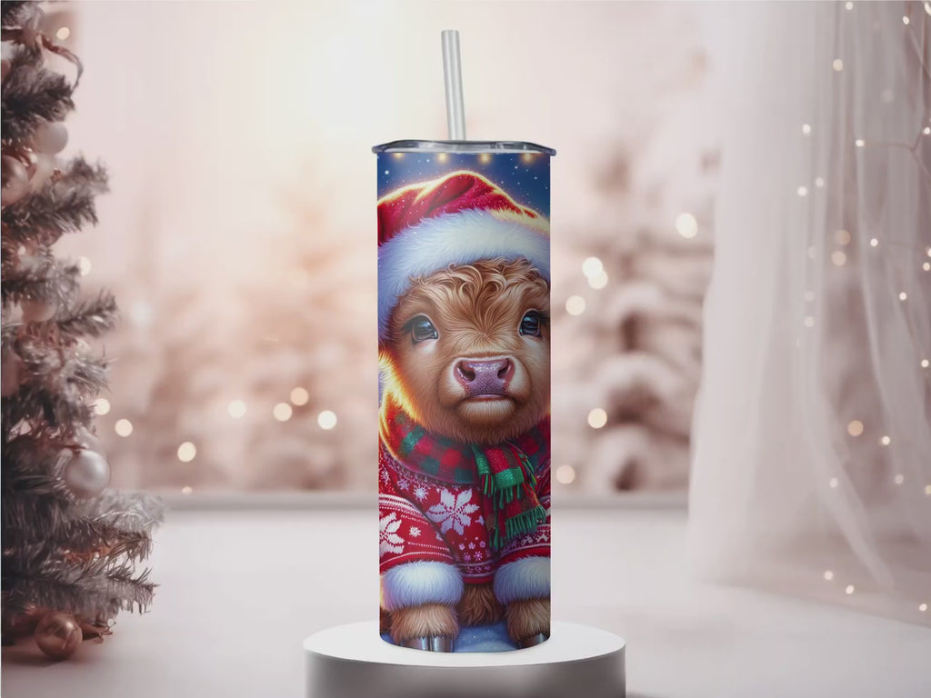 Christmas Highland Cow 20oz Skinny Tumbler, Cute Santa Calf Holiday Stainless Steel Travel Mug