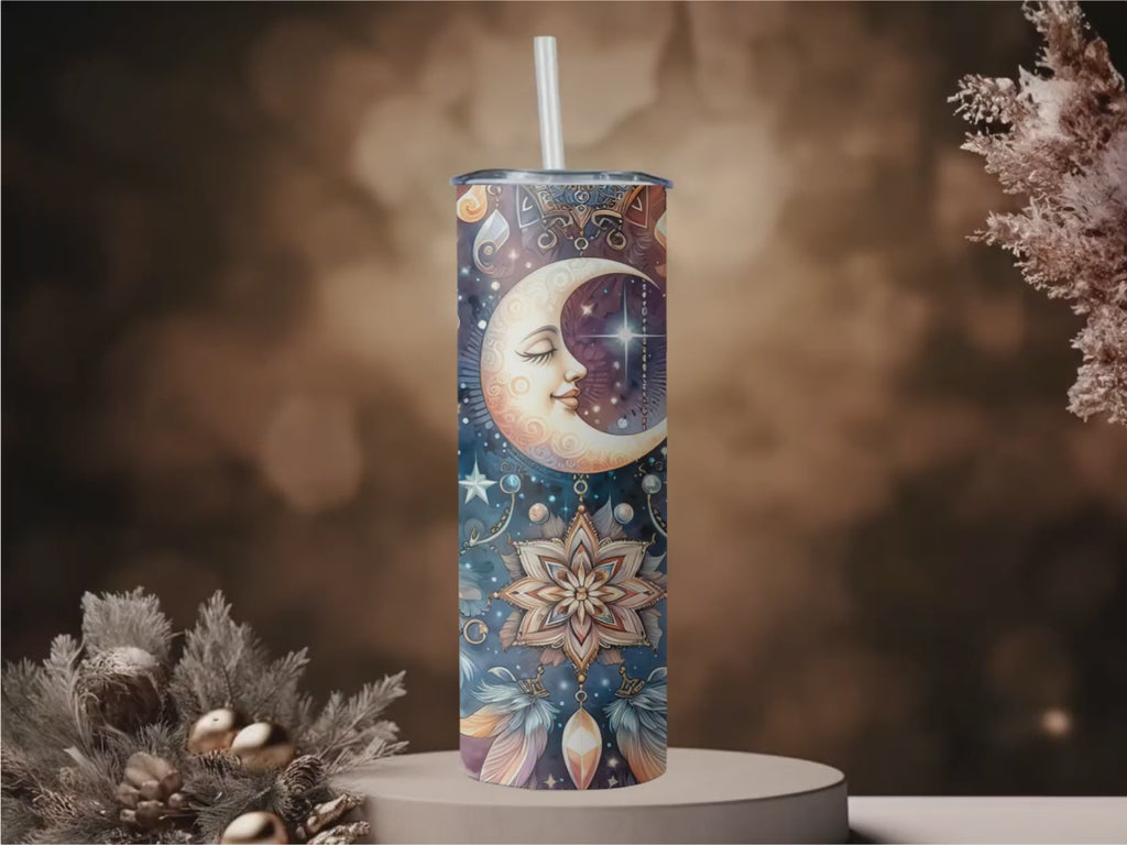 Celestial Moon Mandala Tumbler | 20oz Travel Mug, Boho Crystal Gift