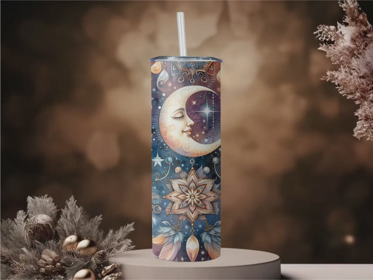 Celestial Moon Mandala Tumbler | 20oz Travel Mug, Boho Crystal Gift