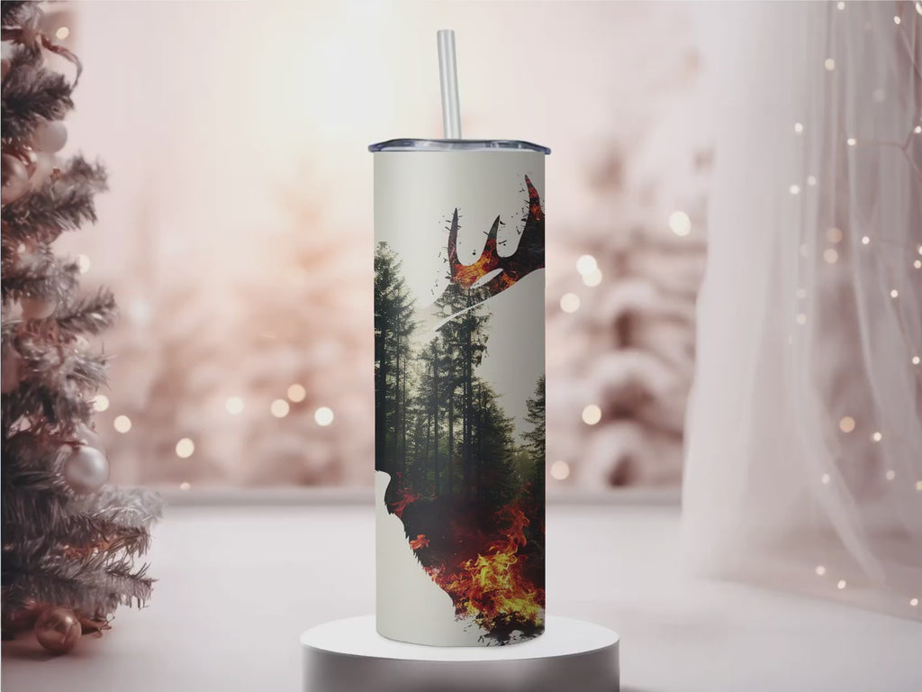 Personalized Watercolor Forest Fire Elk Silhouette Tumbler