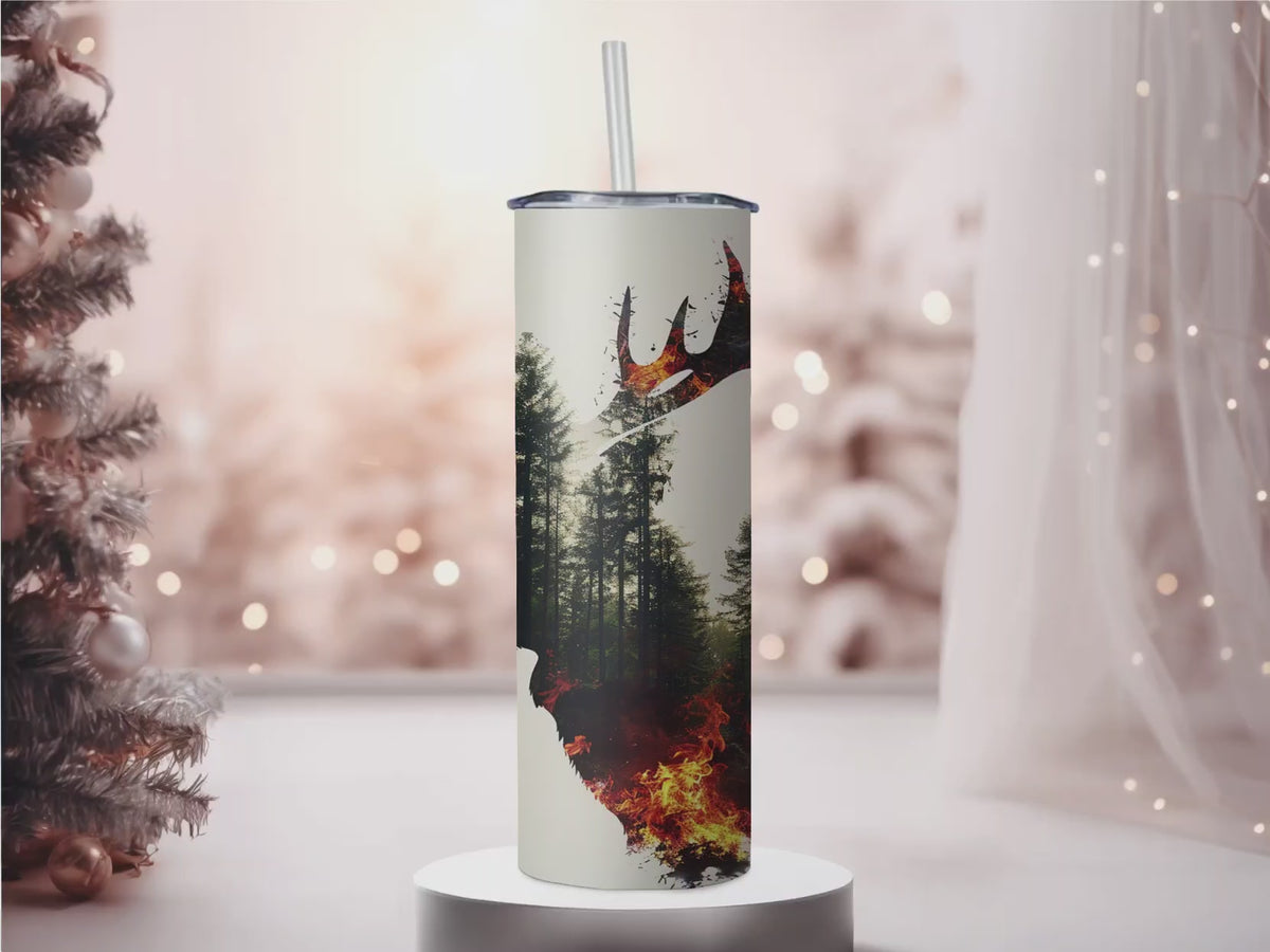 Personalized Watercolor Forest Fire Elk Silhouette Tumbler