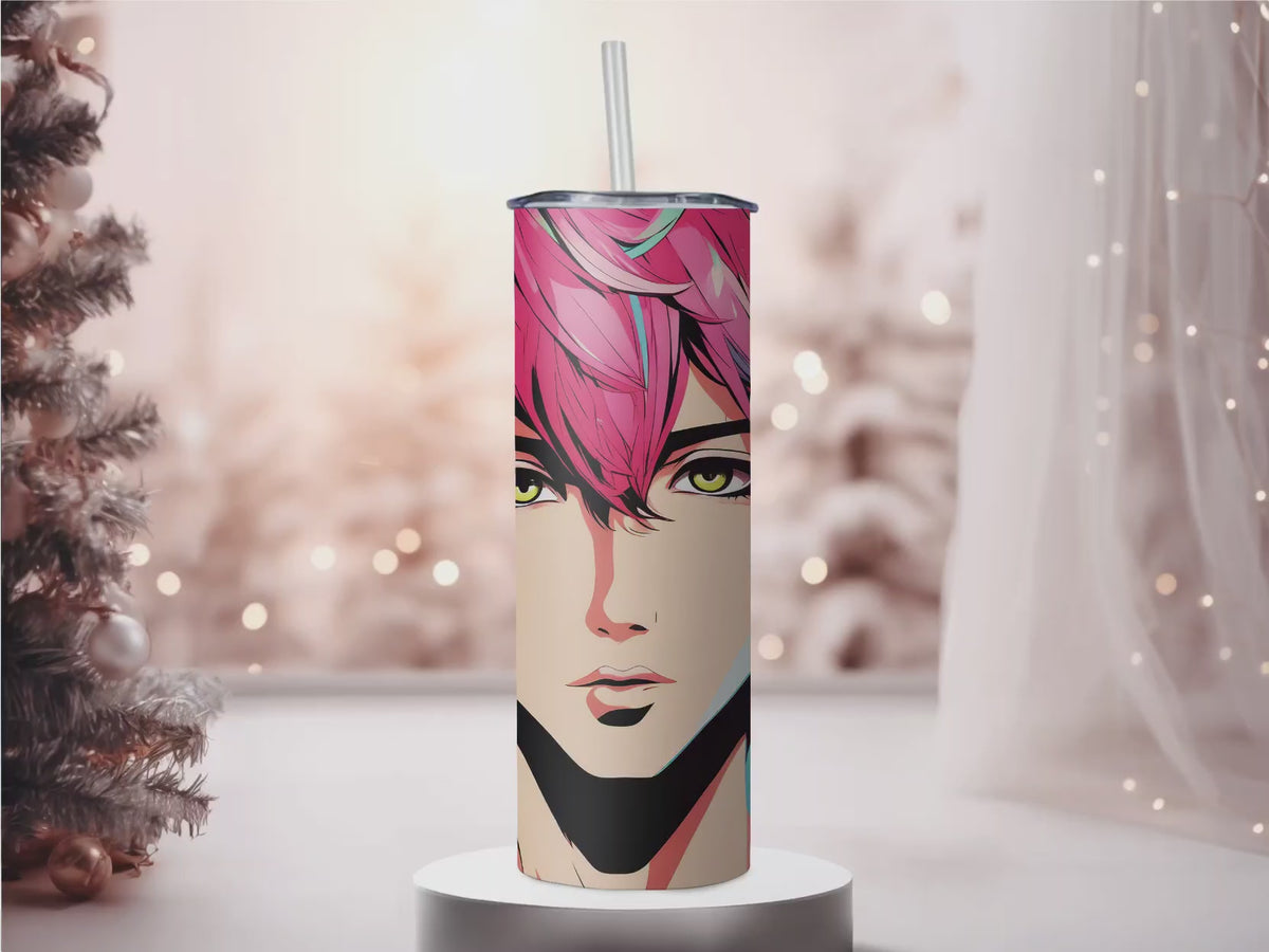 Anime Boy 20oz Skinny Tumbler with Straw | Vibrant Pink Hair Pop Art Anime Cup